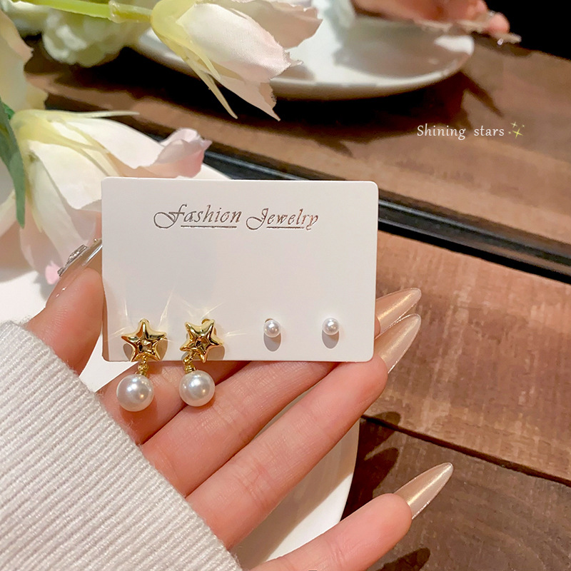 European and American metallic five-pointed star pearl stud earrings, a set of elegant and high-end earrings, simple and versatile earrings wholesale Specification drawing