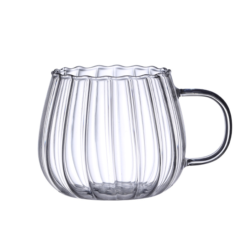 Creative high borosilicate single-layer glass cup with handle, colorful striped garden fun hand juice coffee cup, vertical striped pumpkin cup Item Picture