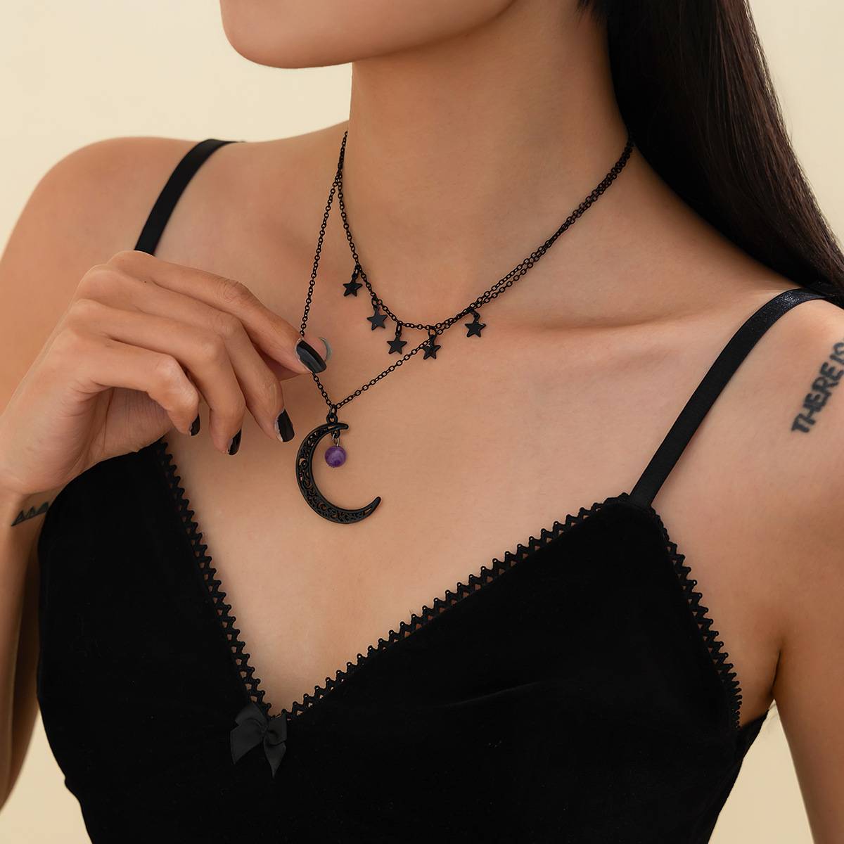 European and American cross-border jewelry, dark style moon pendant collarbone chain, Halloween creative star alloy necklace with multiple layers details Picture