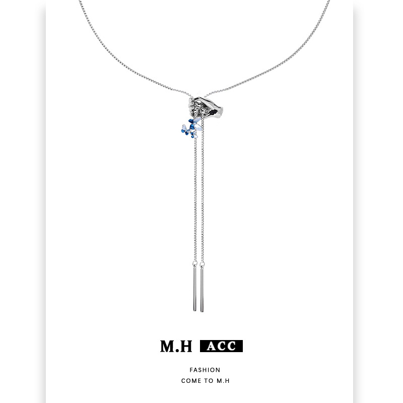 Fresh blue butterfly and hand-adjustable necklace accessory for women's autumn and winter, high-end collarbone chain, fashionable and individual necklace Specification drawing