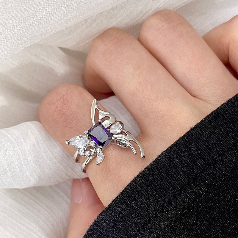 Purple zircon super flash open ring, asymmetrical liquid butterfly ring, sweet and elegant index finger ring, trendy accessory Specification drawing