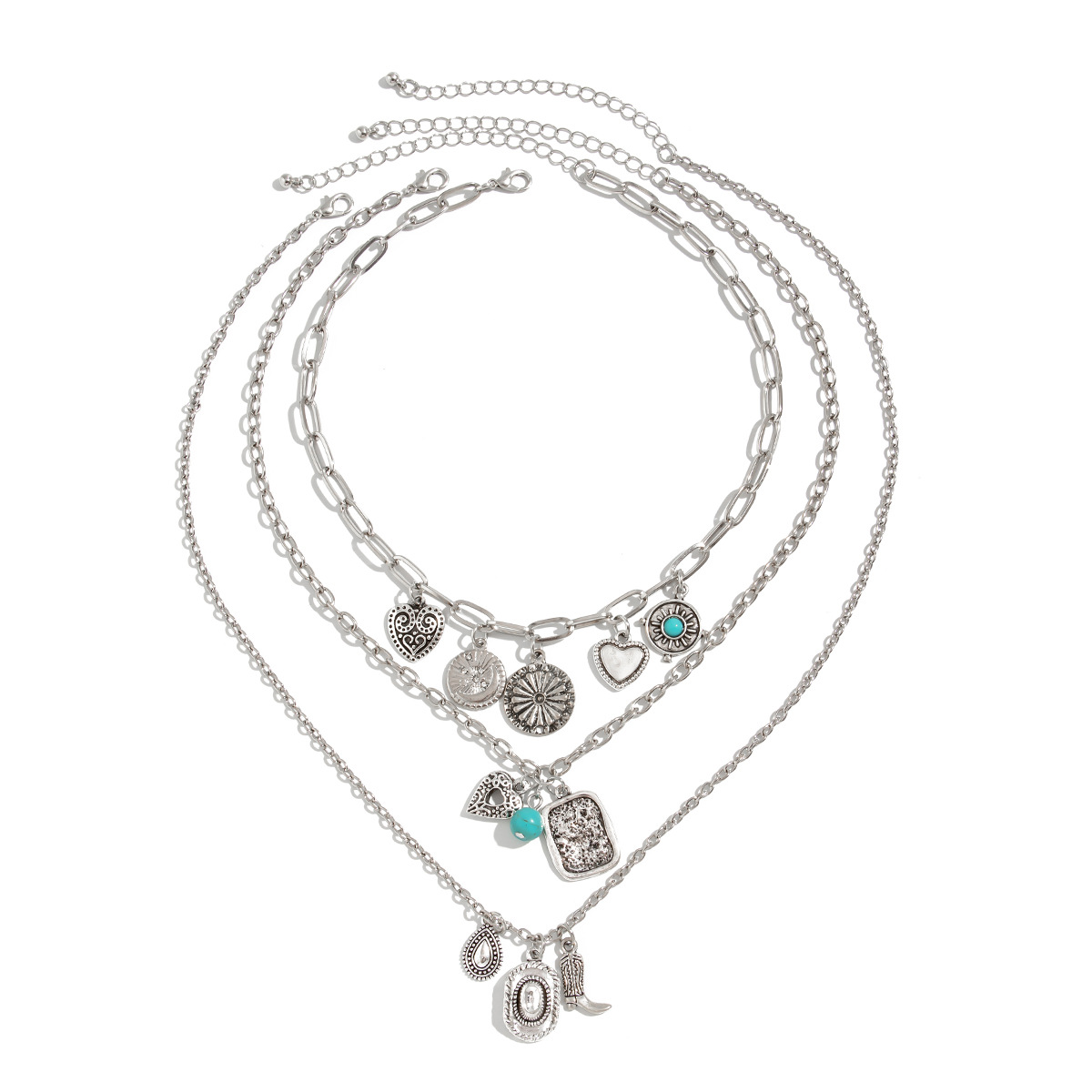 European and American cross-border jewelry, Western cowboy heart-shaped flower plate metal necklace, retro stacked turquoise star pendant necklace Item Picture