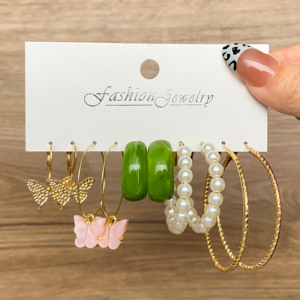 Korean jewelry world Cross-border circle ear ring creative retro pearl Earring set 5 pieces acrylic butterfly pendant earrings full figure