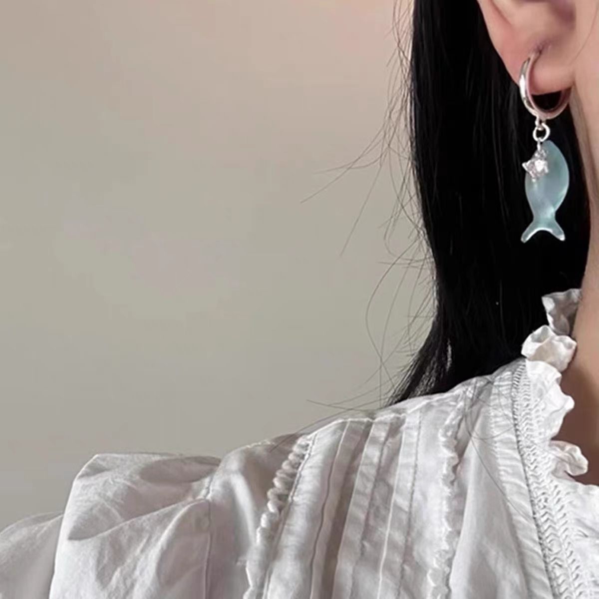 "Free and easy!" Blue and colorful small fish-shaped ear stud earrings for women, 2025 new style ear stud, niche design sense earrings for summer details Picture