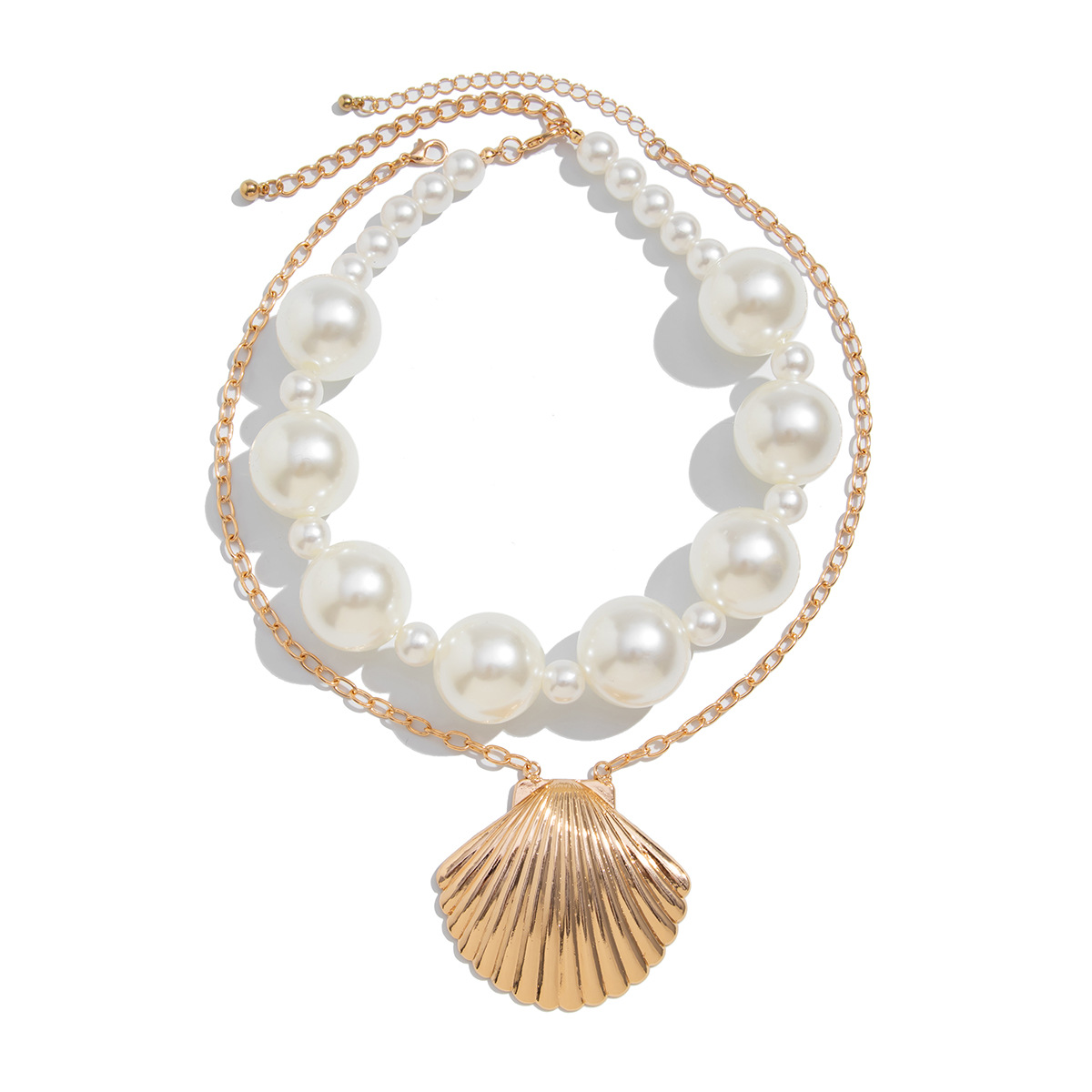 European and American cross-border jewelry vacation shell alloy pendant collarbone chain, elegant and refined pearl beaded multi-layer necklace Item Picture