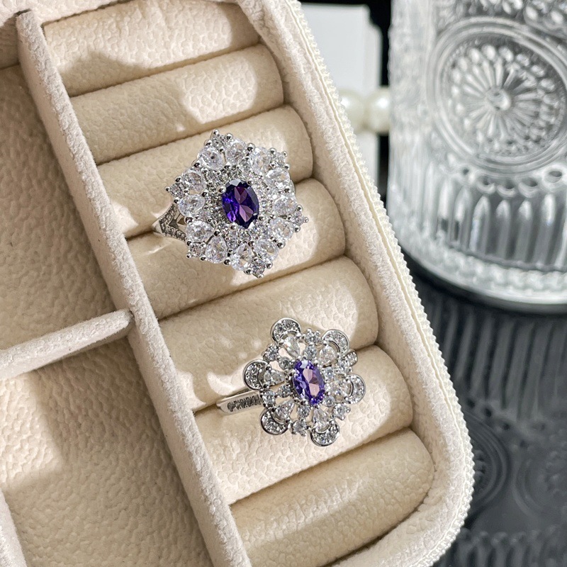 A cold and unique, slightly inlaid purple diamond camellia light luxury open ring for women with a sweet and cool ins design Specification drawing