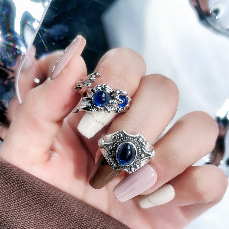 Retro blue zircon fashion versatile open ring, ins cold style, individual, niche, high-end, light luxury ring Specification drawing
