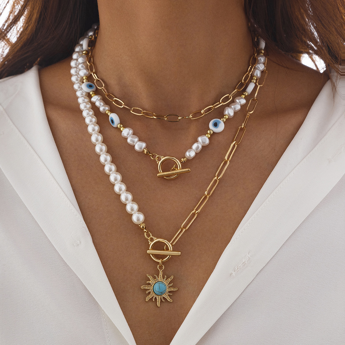 European and American cross-border jewelry, ethnic-style irregular-shaped pearl beaded necklace, retro alloy suneye collarbone chain details Picture