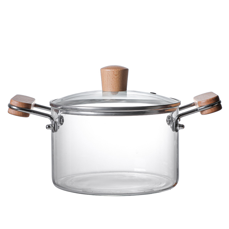 High borosilicate anti-scald and heat-insulating soup pot, wooden bead glass cover, glass steamer, open flame heating, double-ear wooden handle stew pot Item Picture