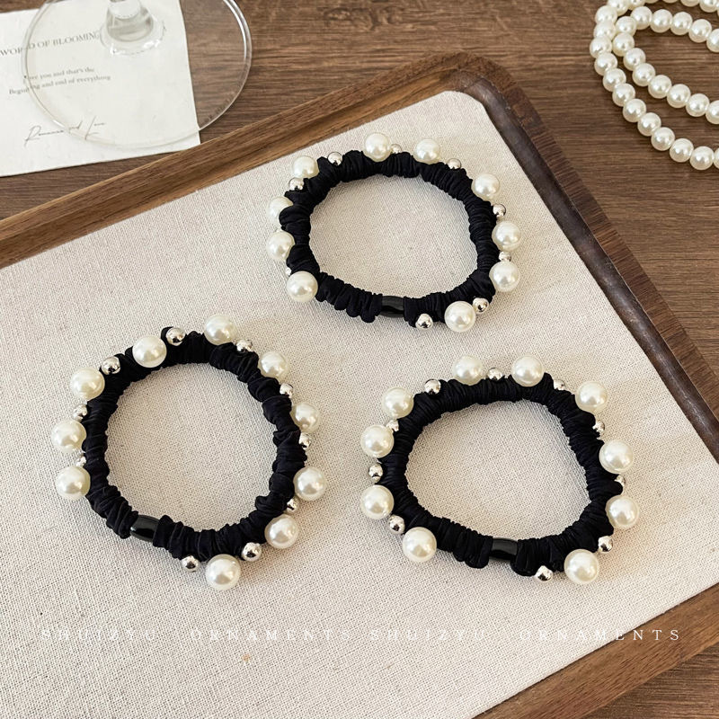 Retro style pearl hair tie, simple and basic Korean-style hair band, black hair tie, no hair damage for women, hair tie, leather band and leather cover details Picture