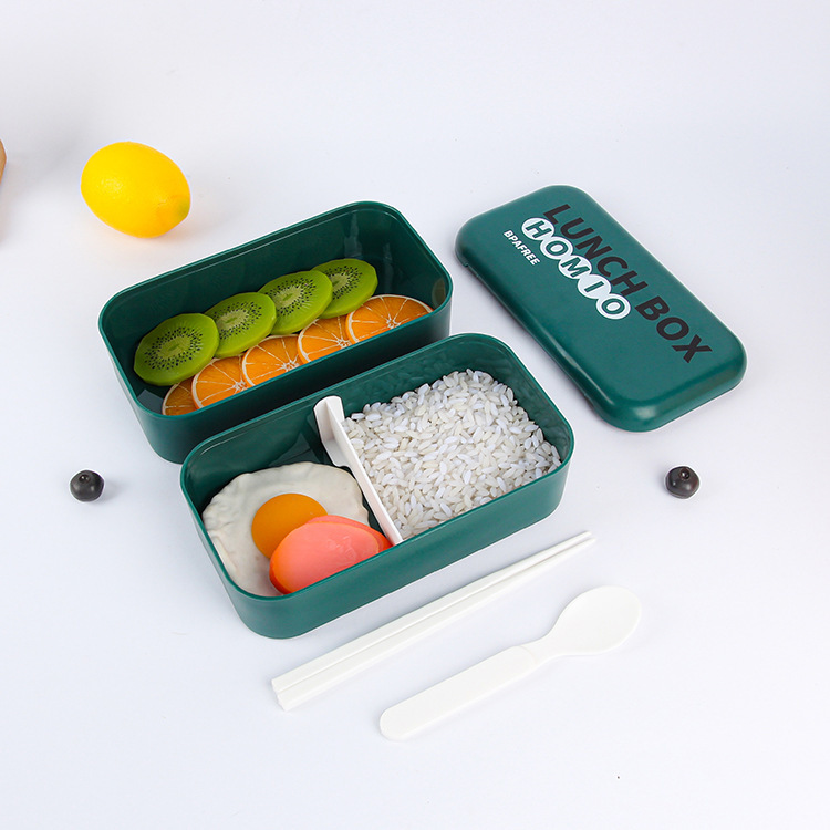 Double-layer sealed lunch box with wheat straw straps, Japanese-style office worker lunch box, plastic student lunch box with tableware Specification drawing