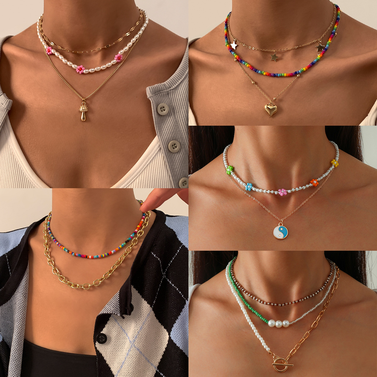 European and American retro color-blocking rice beaded necklace for women, simple Bohemian style hand-woven necklace full figure