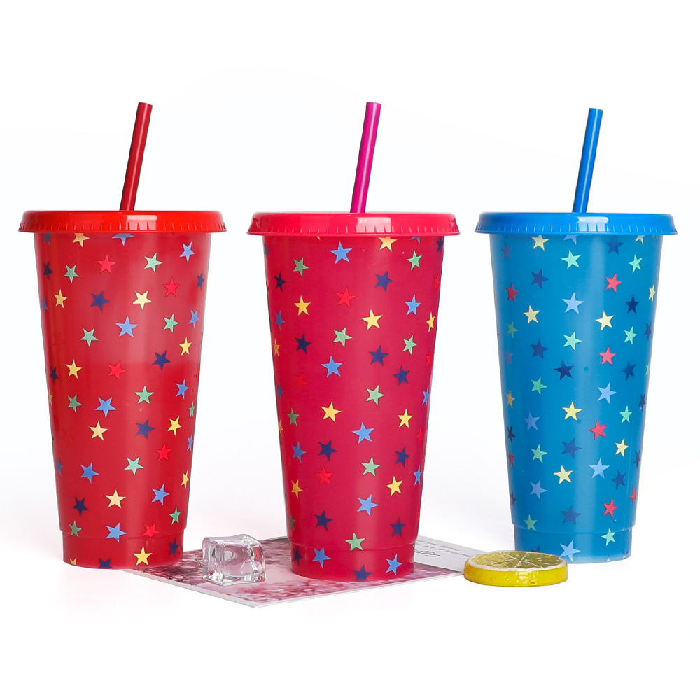 Factory direct supply of new temperature-sensitive plastic color-changing cups, single-layer beverage fruit tea cups that change color when cold, PP straw water cups Specification drawing