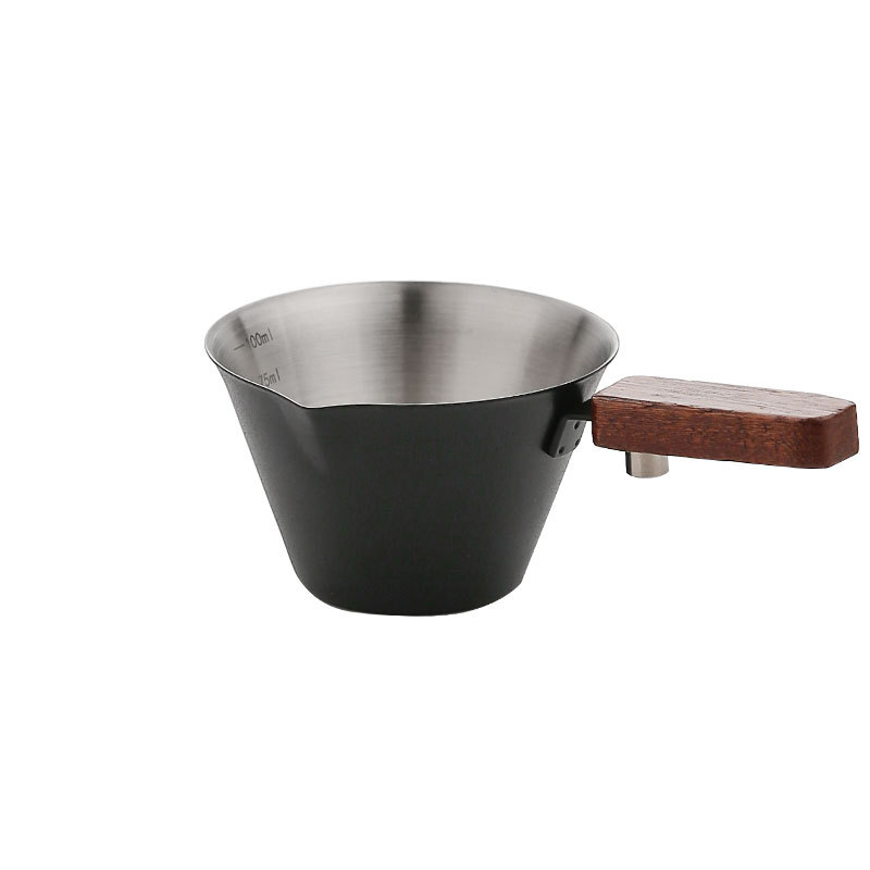 Beech wood handle Italian espresso measuring cup, stainless steel graduated small milk cup, coffee liquid extraction and receiving cup Item Picture