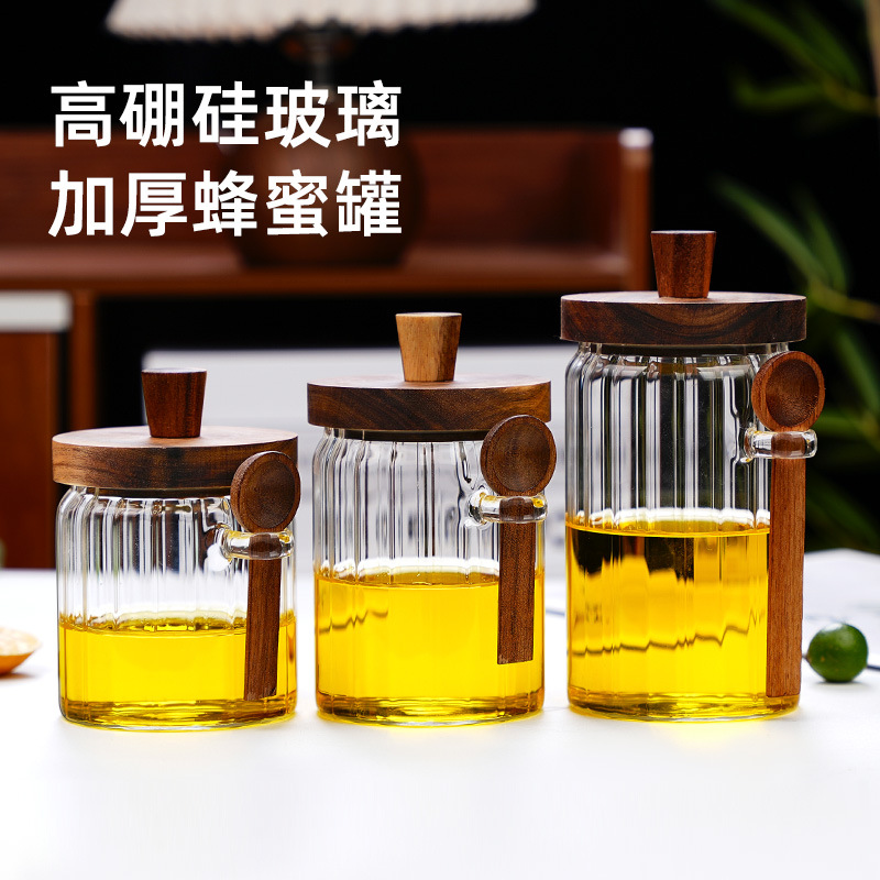Wholesale new household thickened honey storage jars with stirring rods, acacia wood LIDS, transparent glass food sealing jars Specification drawing