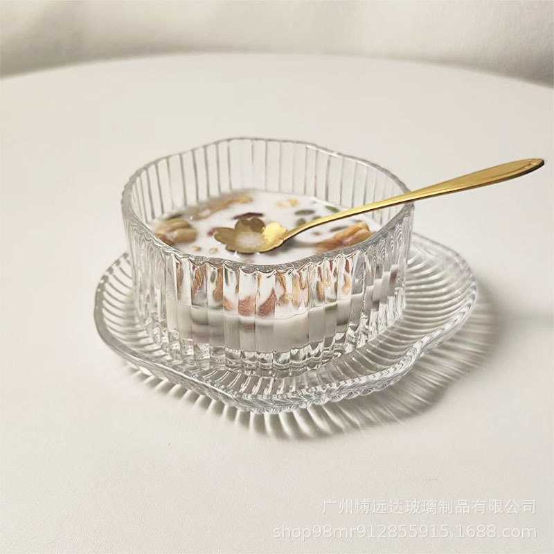 New Chinese-style sugar water bowl, irregular transparent glass bowl and plate set, high appearance level, dessert bowl, fruit yogurt, bird's nest bowl Specification drawing