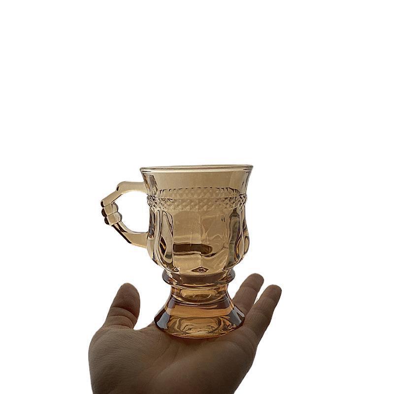 British-style afternoon tea cup, high appearance level, tall legs, small size, light luxury, embossed European retro glass latte coffee cup with handle Item Picture