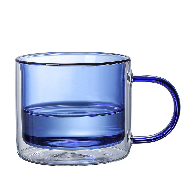 Colorful double-layered glass cup, fresh coffee milk breakfast cup with handle, juice glass water cup, 260ml cup Item Picture