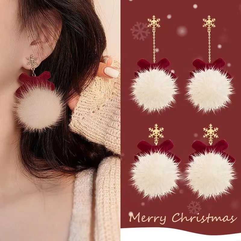 2025 New Spring Festival earrings, snowflake furball earrings, women's autumn and winter plush earrings, red bow earrings and stud earrings details Picture