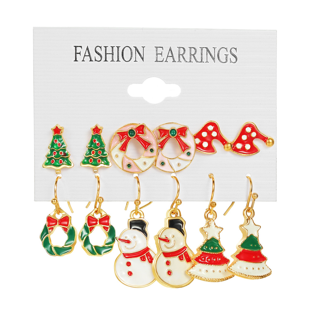 Christmas Series Snowflake bell stud Set, a popular export product. Cartoon oil-dripping elk old man earrings for women Item Picture