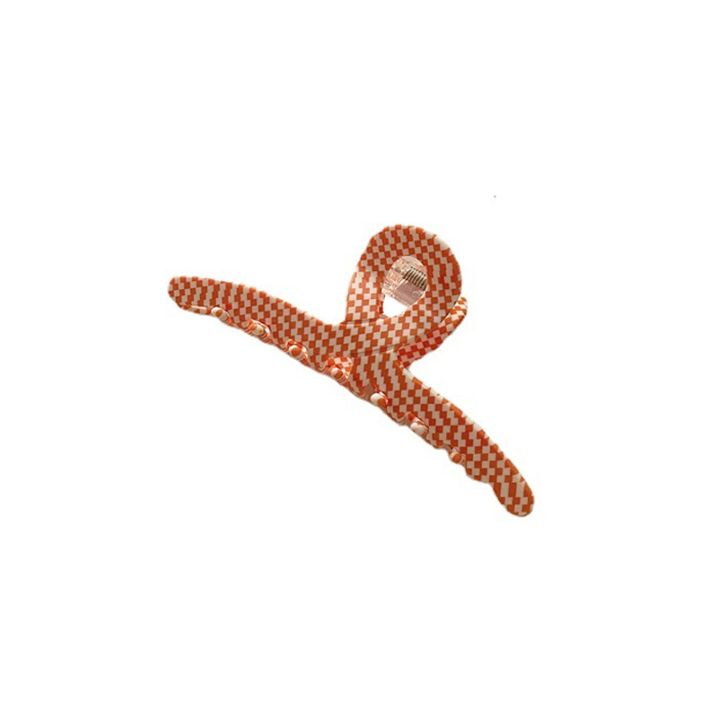Peach orange ~Chic girl Korean Instagram blogger's retro and fashionable gripper with checkerboard pattern Item Picture