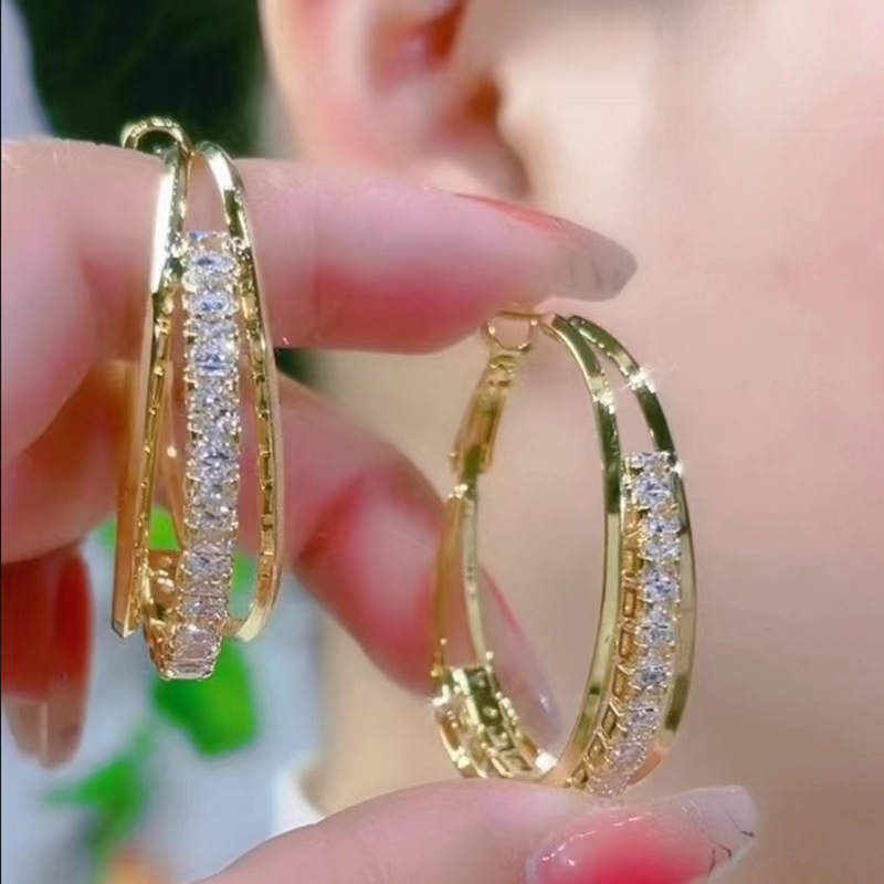 Multi-layer zircon geometric ear rings, a trendy and fashionable earring hit, a new 2025 trendy, high-end, elegant and exaggerated ear accessory details Picture