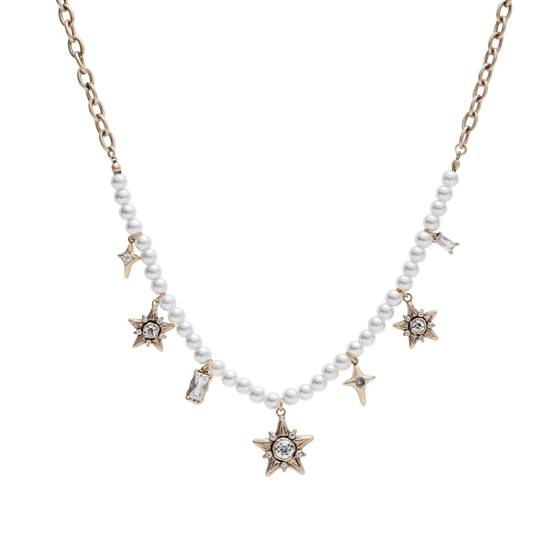 French-style pearl necklace, ancient gold five-pointed star, original design, versatile necklace, high-end and exquisite collarbone chain Item Picture