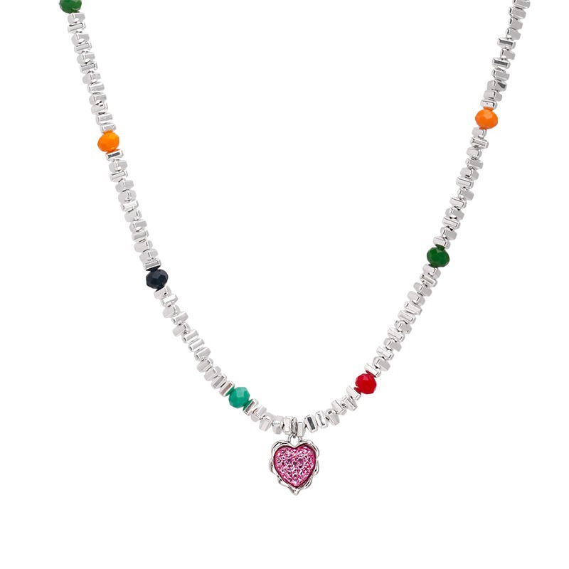 Colorful heart-shaped silver silver collarbone chain for women's summer Instagram niche design accessory sweet and cool hot girl fashion necklace Item Picture