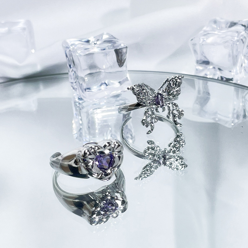 Sweet and cool, niche design, heart-shaped butterfly, purple diamond, light luxury open ring, women's Instagram, cold style, quality, versatile ring details Picture