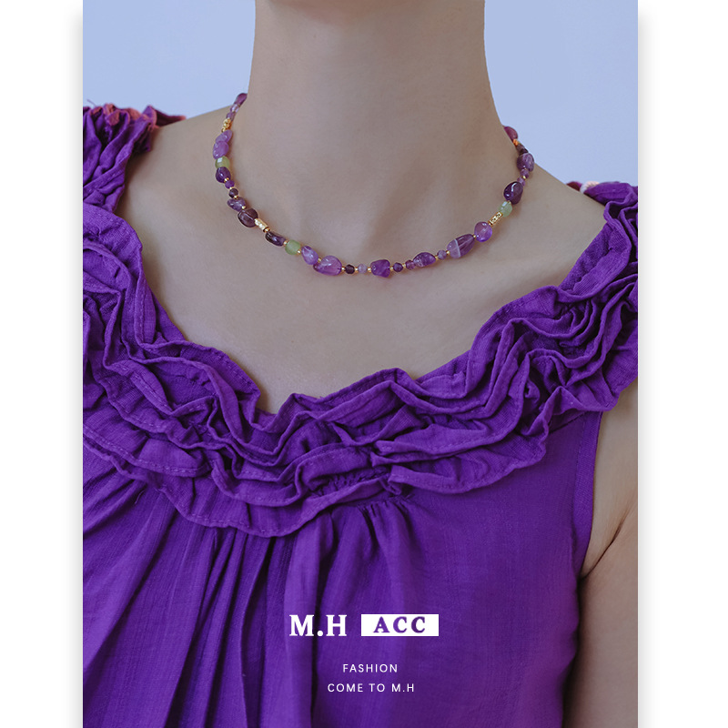 Summer new dopamine amethyst grapevine necklace for women, a retro and high-end, light luxury and niche collarbone chain full figure