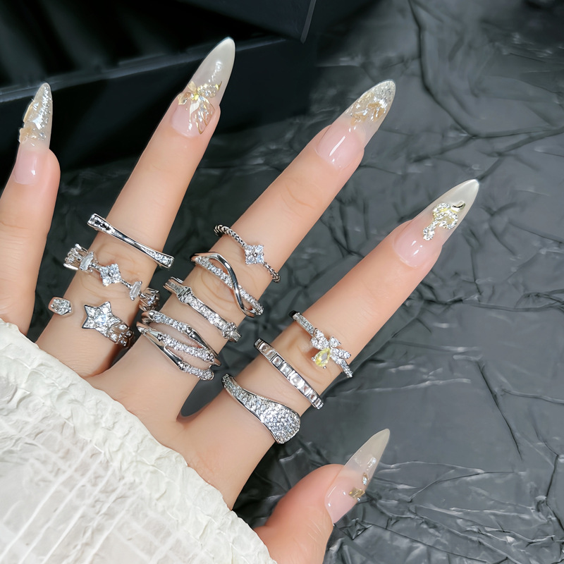 Geometric bamboo joint micro-inlaid fashionable star-opening ring for women, exquisite and niche design sense, cold and elegant style index finger ring Specification drawing