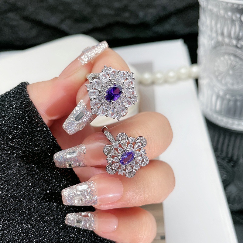 A cold and unique, slightly inlaid purple diamond camellia light luxury open ring for women with a sweet and cool ins design details Picture