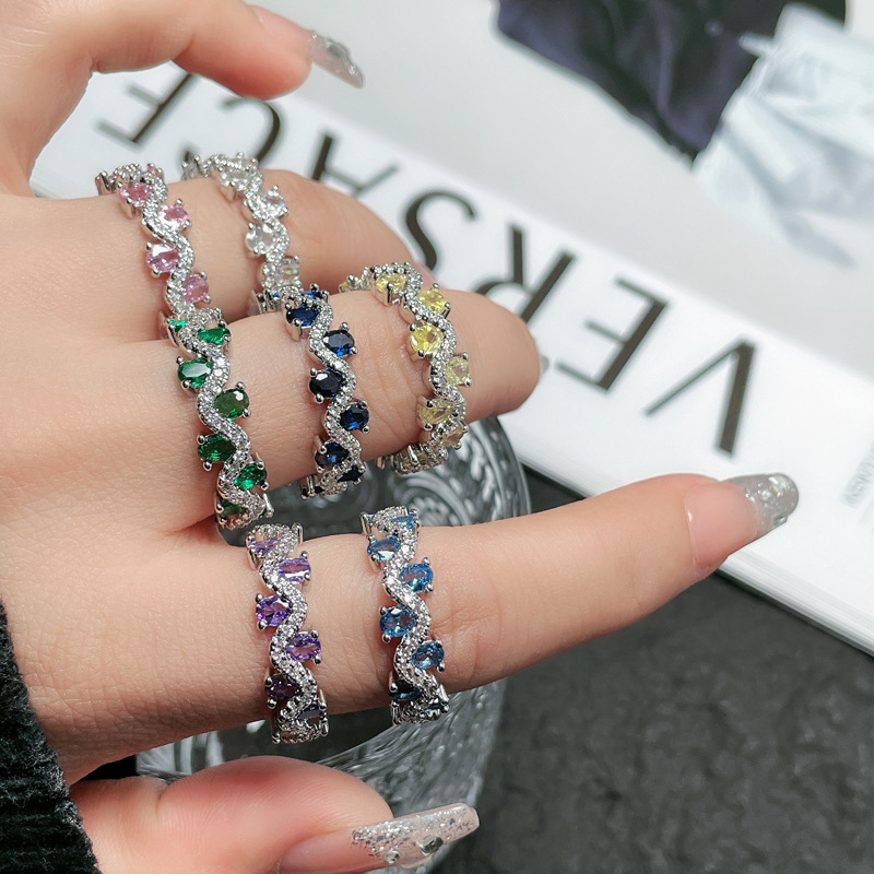 French light luxury fashion sea blue zircon wave-set high-end ring, delicate and cold style sweet and cool index finger ring for women details Picture