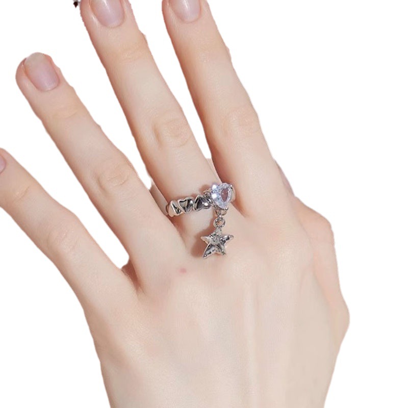 French gentle star pendant y2k Sweet and Cool Open ring, Girl's Hot girl heart Zircon niche design index finger ring Item Picture