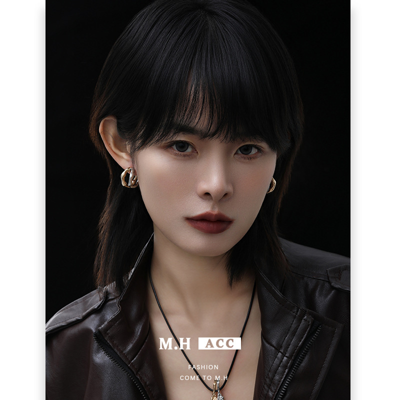 Original design, color-blocking metal texture C-ring earrings, women's cold style, light luxury, fashion and high-end feel, 925 silver needle earrings full figure