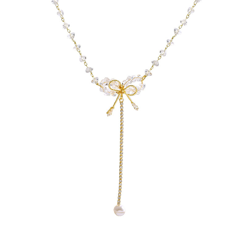 European and American super fairy crystal tassel bow necklace, women's niche light luxury exquisite collarbone chain, ins style sweater chain Item Picture