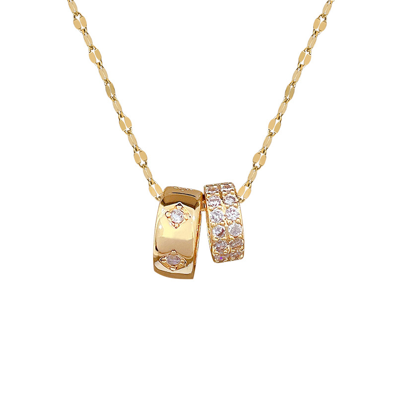 【 Titanium Steel 】 Double-ring mini waist, full diamond, fashionable, light luxury, elegant and luxurious, full diamond necklace, versatile collarbone chain for women Item Picture