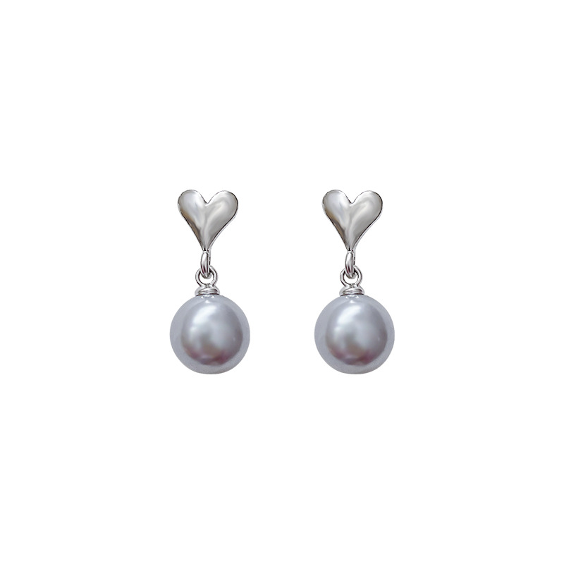 French simple grey heart-shaped pearl stud earrings for women, 925 silver needle, fashionable and high-end, versatile best-selling earrings wholesale Item Picture