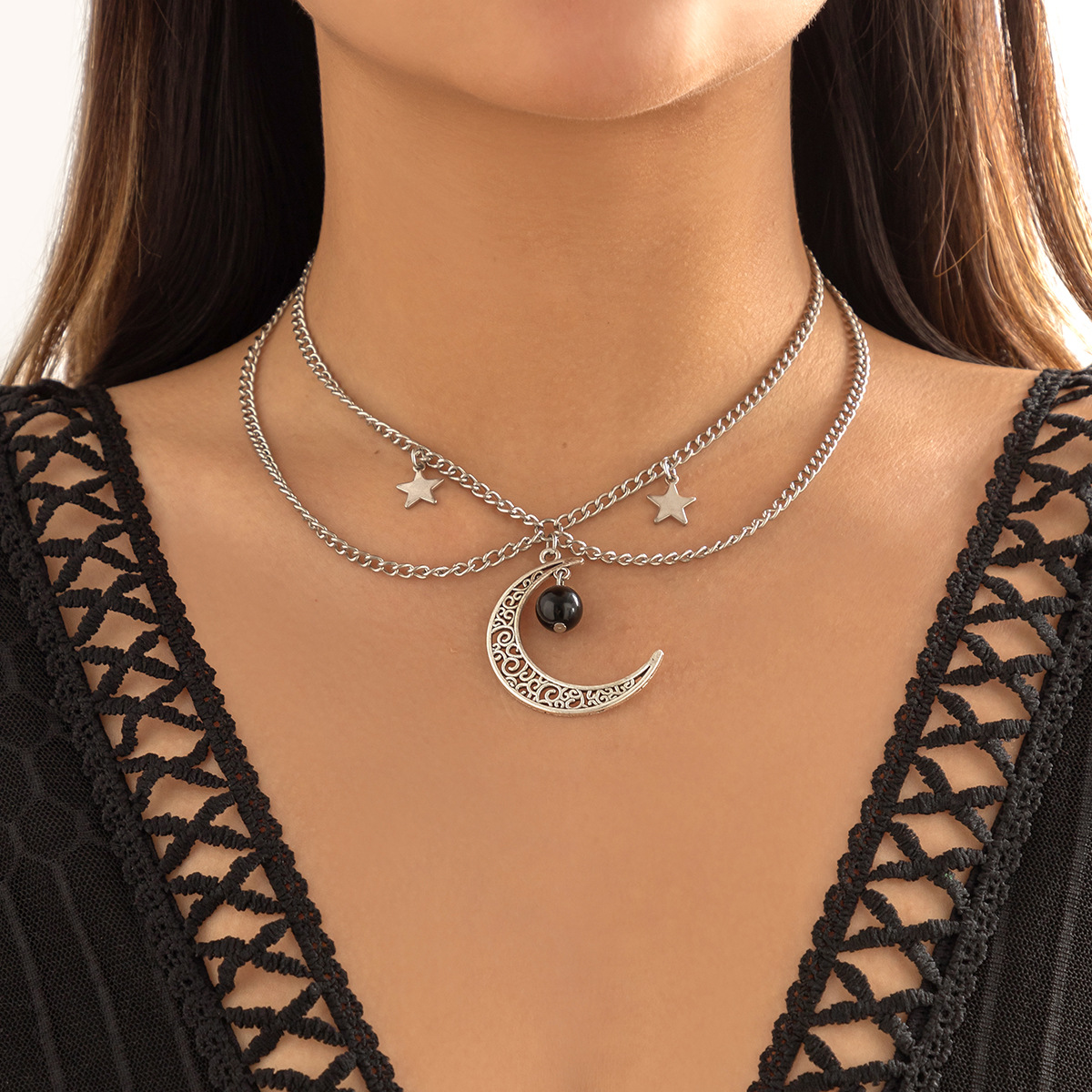 European and American cross-border jewelry, sweet and cool, double-layer versatile collarbone necklace, simple and cold style, star tassel necklace Specification drawing