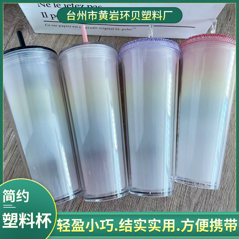 New wholesale double-layer plastic cups with straws, PS gift cups, temperature-sensitive gradient color beverage straws, color-changing cups details Picture