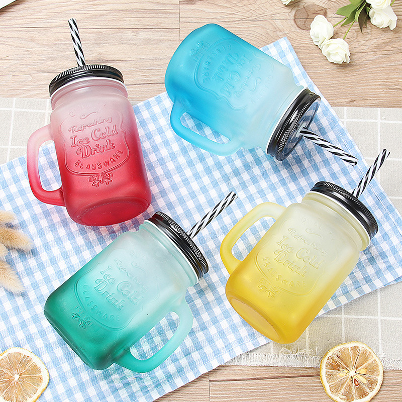 Mason straw glass cup with lid, frosted gradient color adult water cup, juice drink cold drink cup, rooster cup details Picture