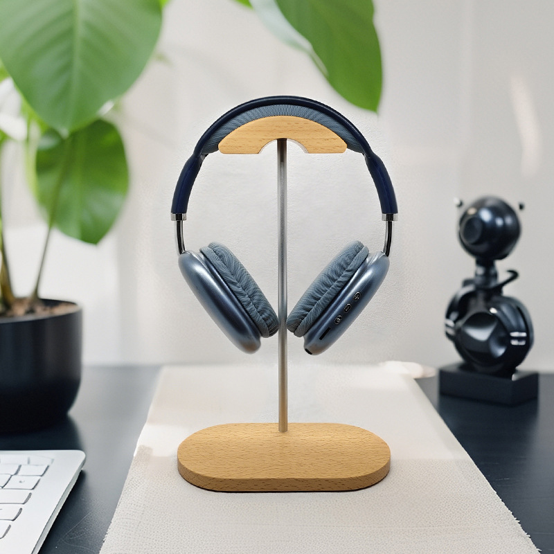Solid wood headphone stand, desktop storage, aluminum alloy hanger, over-ear headphone hanger, wooden gaming headphone display stand details Picture
