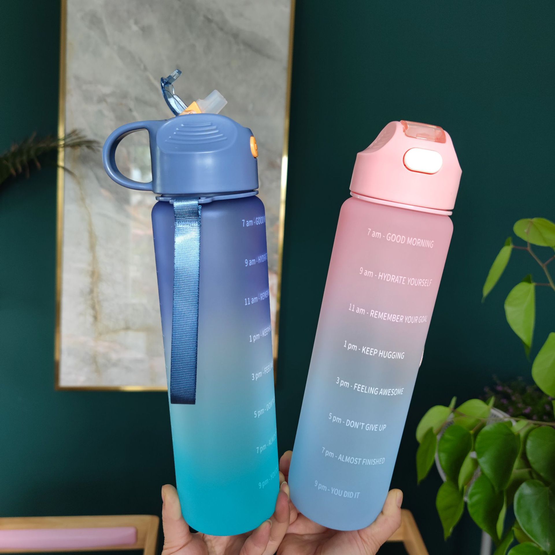 New wholesale simple gradient matte plastic water cup with a suction nozzle, portable handle, adult outdoor sports water bottle full figure