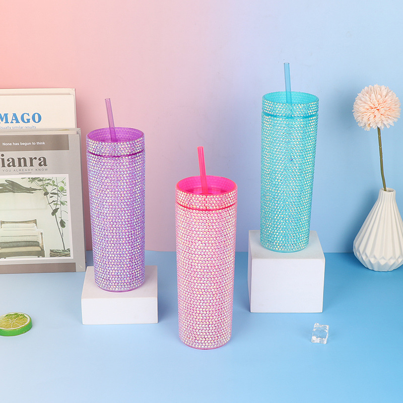 Cross-border exclusive double-layer diamond-encrusted plastic cups 16OZ straight straw cups, personalized party commuting water cups factory wholesale details Picture