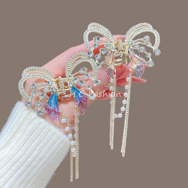 Diamond-encrusted butterfly pearl tassel claw clip, fashionable and versatile, semi-tied hair clip, super fairy-like shark clip accessory for women full figure