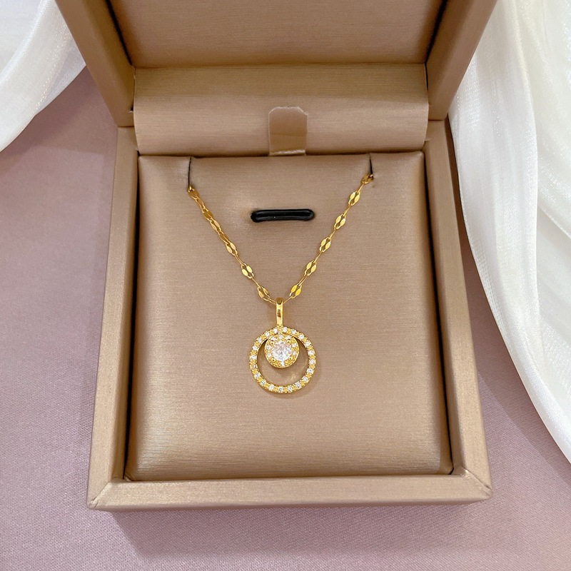 【 Titanium Steel 】 Light luxury full diamond slightly inlaid zircon round fresh and delicate necklace, copper-plated real gold pendant, ins style Specification drawing