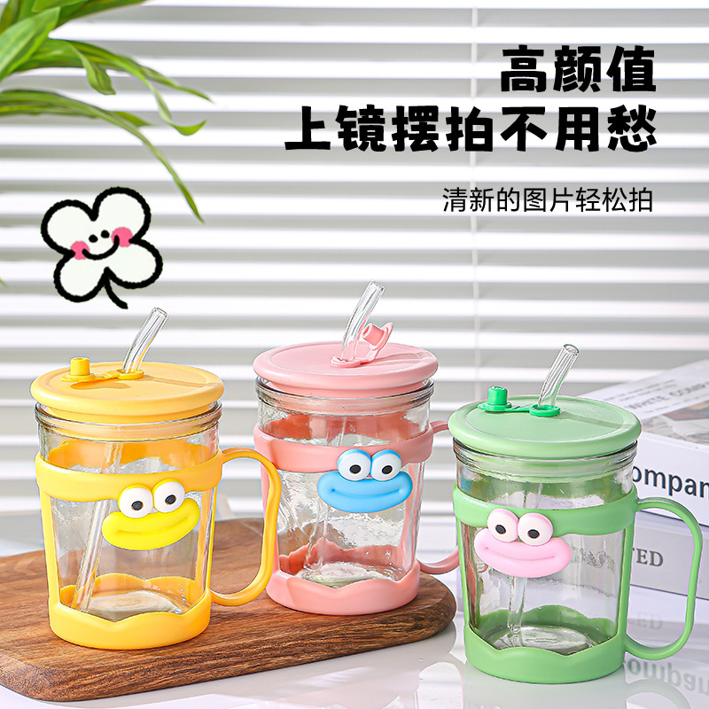 Glass straw cup, household drinking cup, heat-resistant office breakfast coffee cup, cartoon handle gift glass cup details Picture