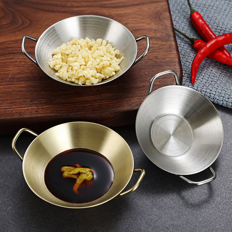 304 Korean-style stainless steel creative small seasoning plate, golden dipping sauce plate with ears, double-ear plate, flavor plate, snack and dessert plate details Picture