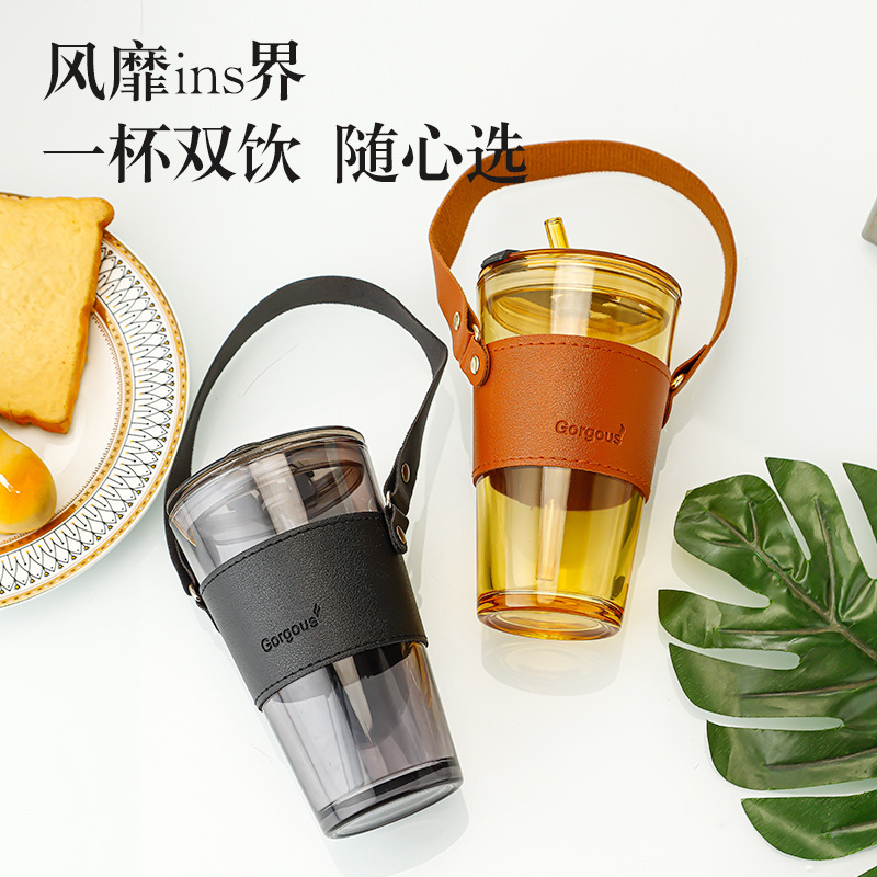 Wholesale double-drinking cups, hand-held travel coffee cups, popular glass cups with straws for drinking details Picture