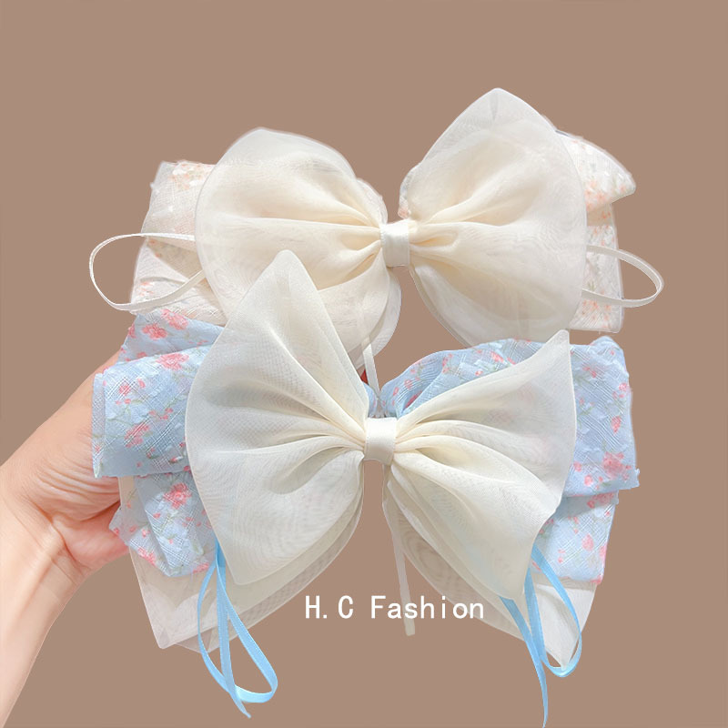 Summer sweet, light luxury and high-end style ponytail clip, new bow spring clip, girlish ribbon mesh hair clip headwear full figure